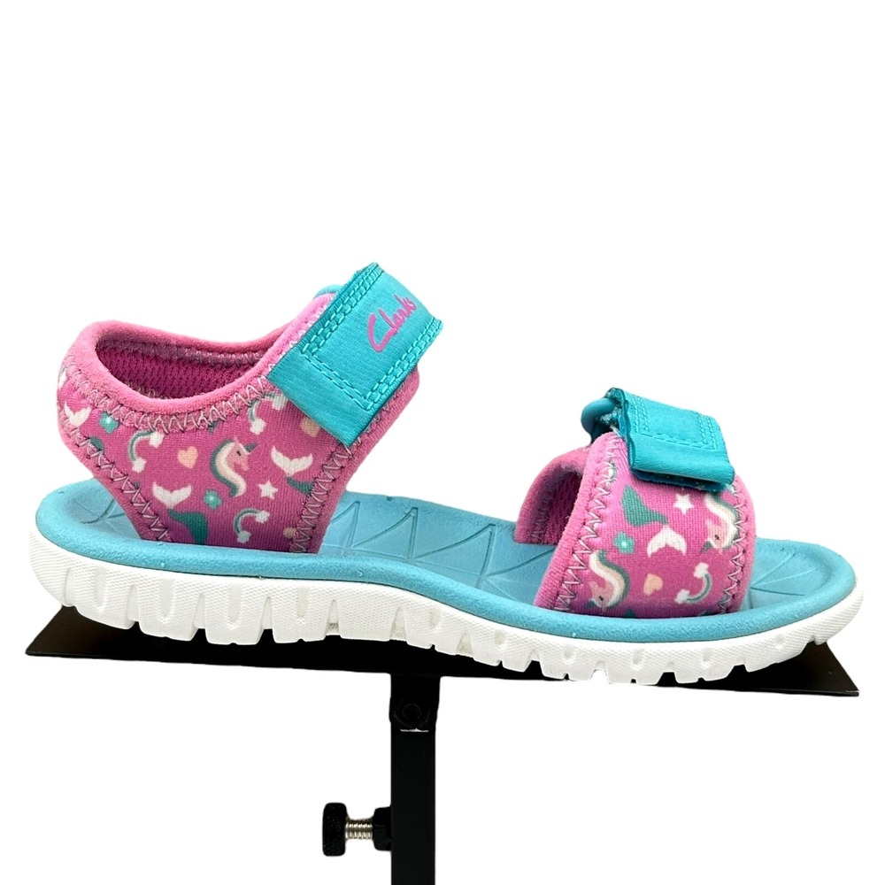 Clarks Little Girls Open Toe‎ Adjustable Sandals 11 Wide Pink-Aqua Unicorn Print